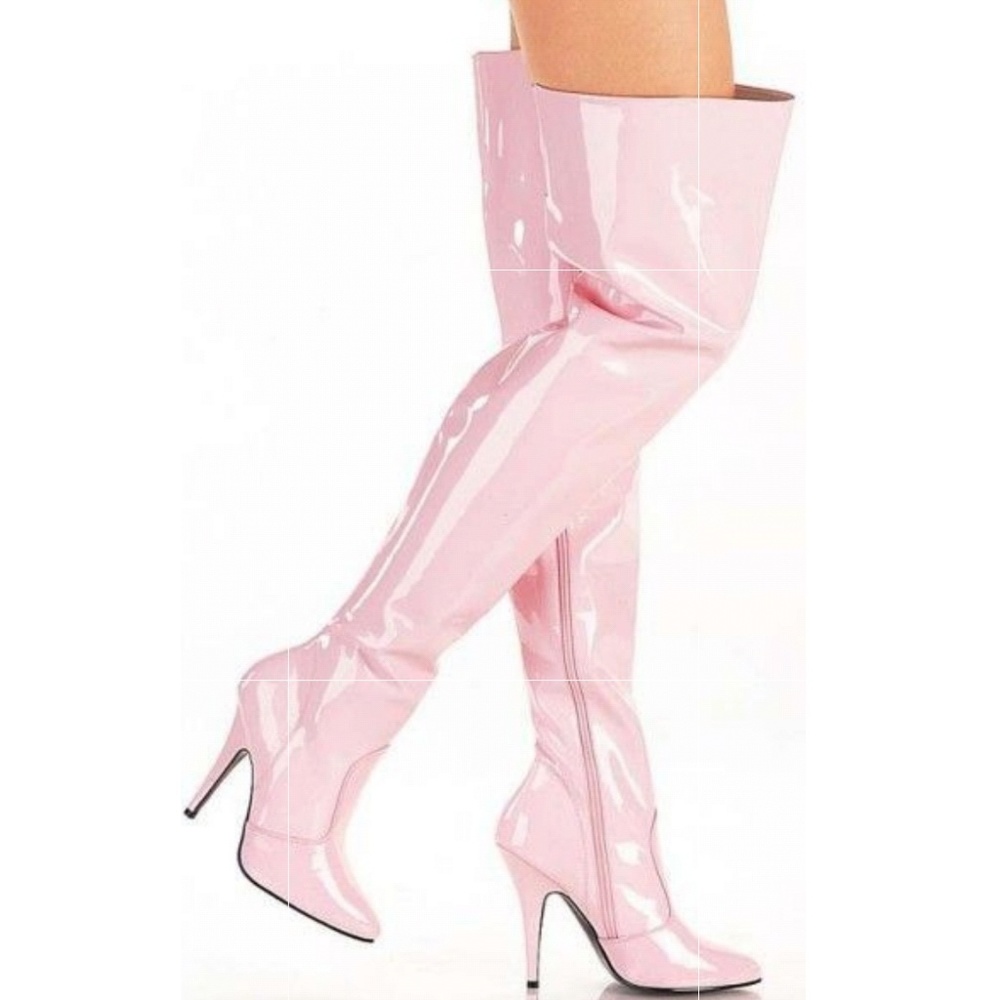 Pleaser brand latex thigh high heeled boots